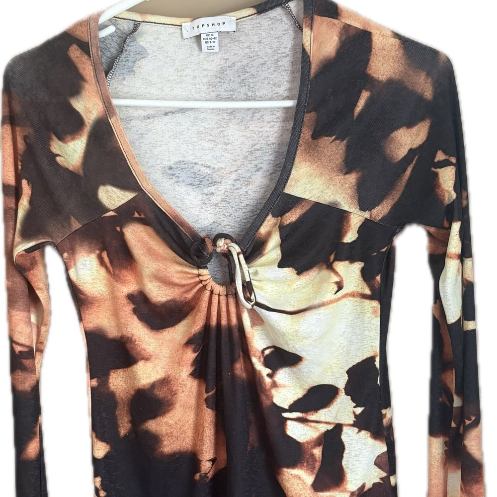 Topshop Brown & Black Abstract Ring-Detail Long Sleeve Top